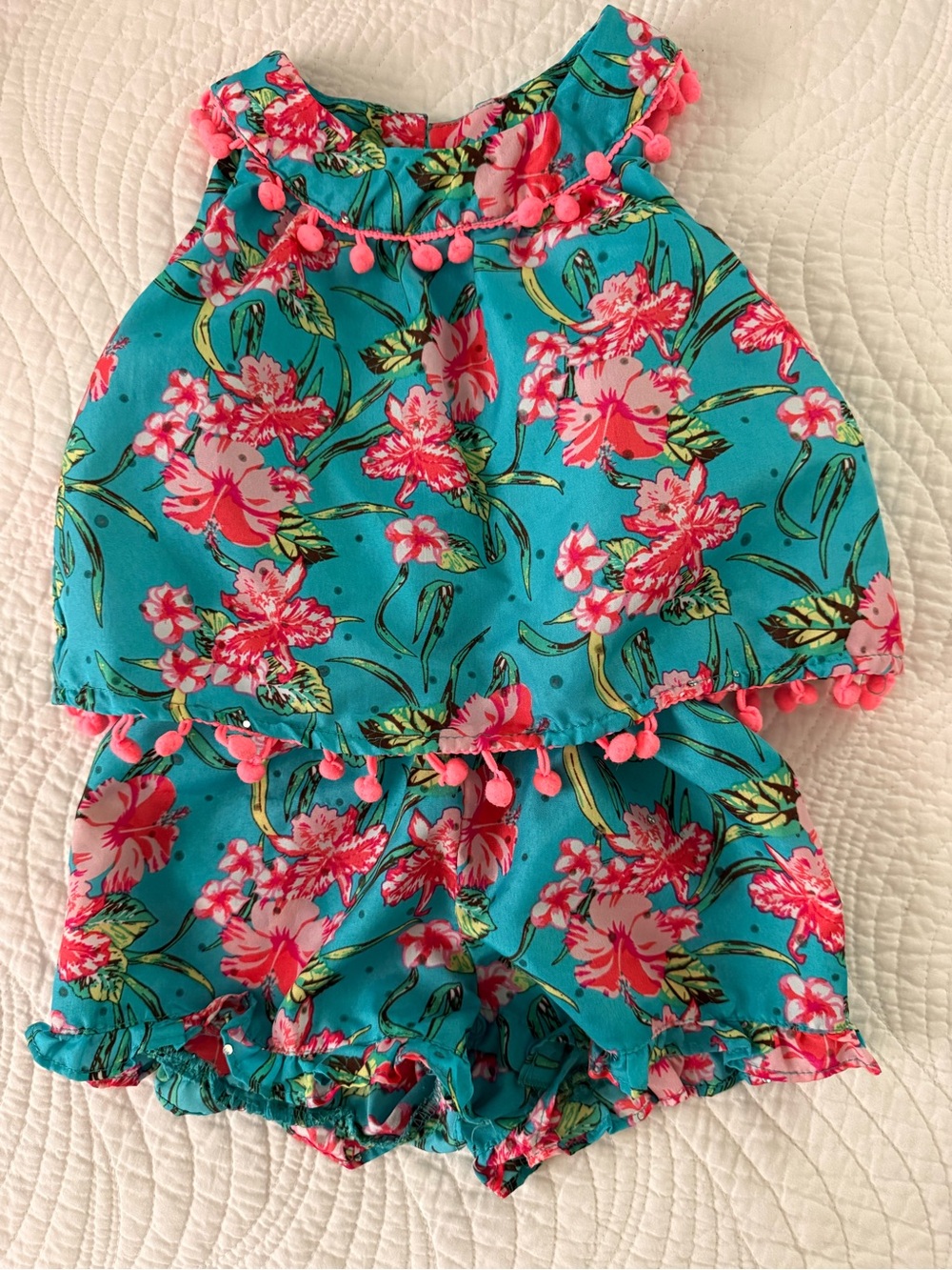 Little Lass Turquoise Floral Pom Pom Romper Sz 24M